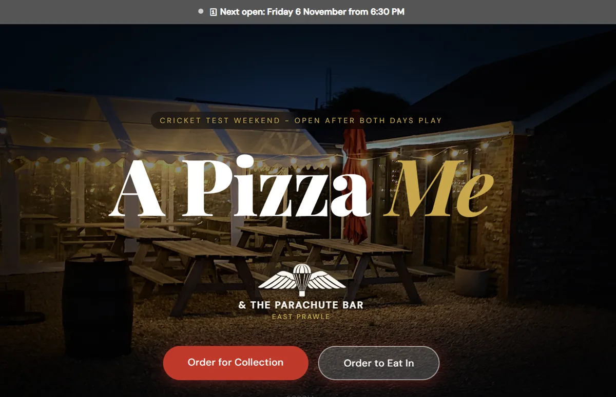 A Pizza Me public homepage with Order for Collection and Order to Eat In buttons