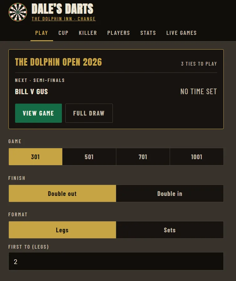 Dale's Darts showing a cup draw and game setup: 301 to 1001, double out or in, legs or sets