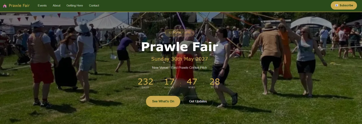 Prawle Fair homepage with a live countdown to the fair