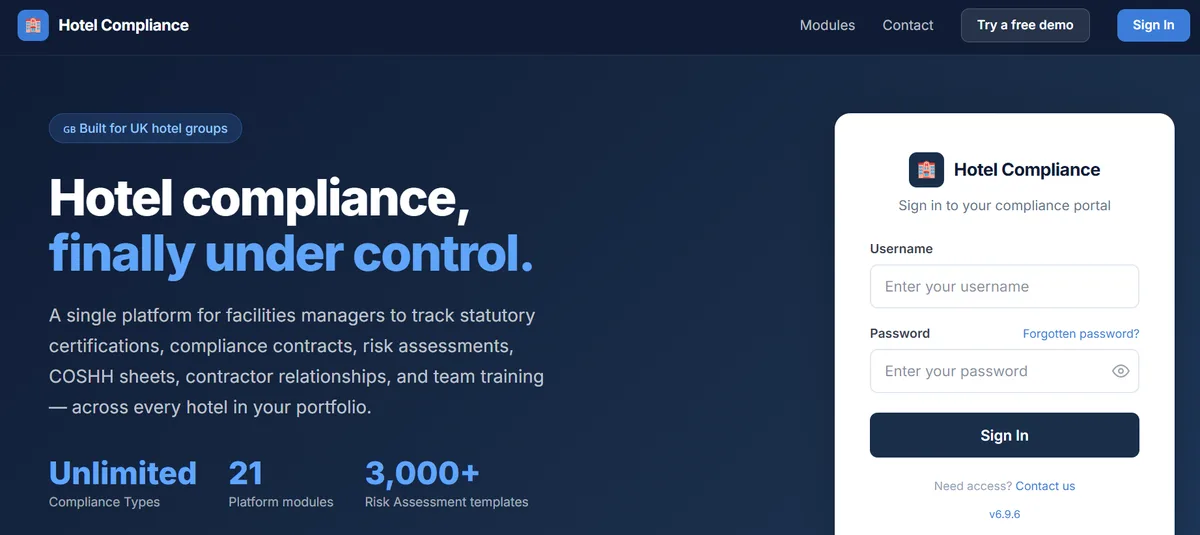 Hotel Compliance homepage: Hotel compliance, finally under control, with a sign-in panel