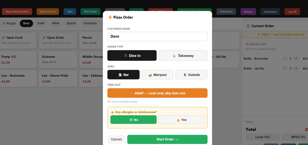 A Pizza Me till showing the pizza order screen: dine in or takeaway, area, time slot and allergy check