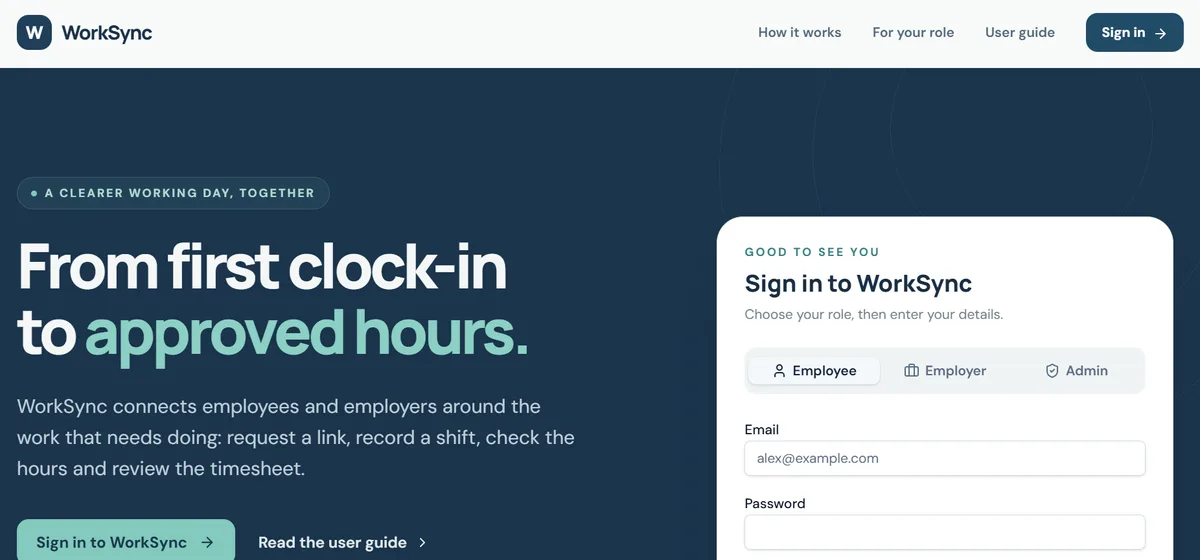 WorkSync homepage: From first clock-in to approved hours, with sign-in for employees, employers and admins
